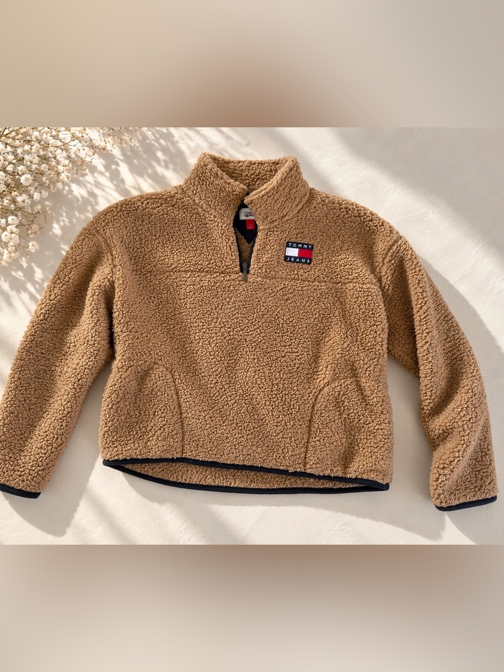 Tommy Hilfiger Teddy Fleece Quarter-Zip Sweatshirt Pullover Brown Large